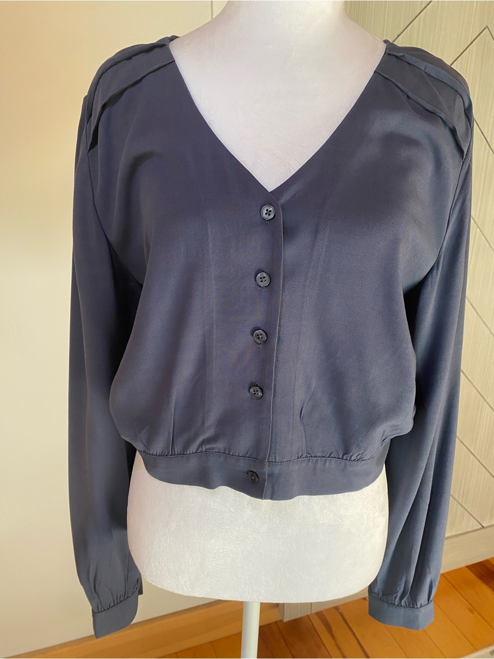 Frank & Oak Blue Button-Front V-Neck Blouse